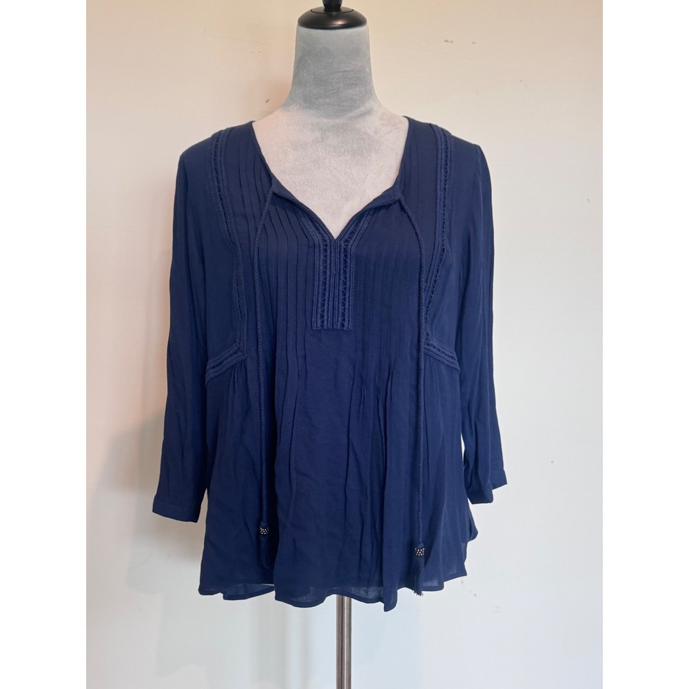 Pale Sky Navy Blue Boho Peasant Blouse Pintuck Lace Trim Tassel Tie Medium